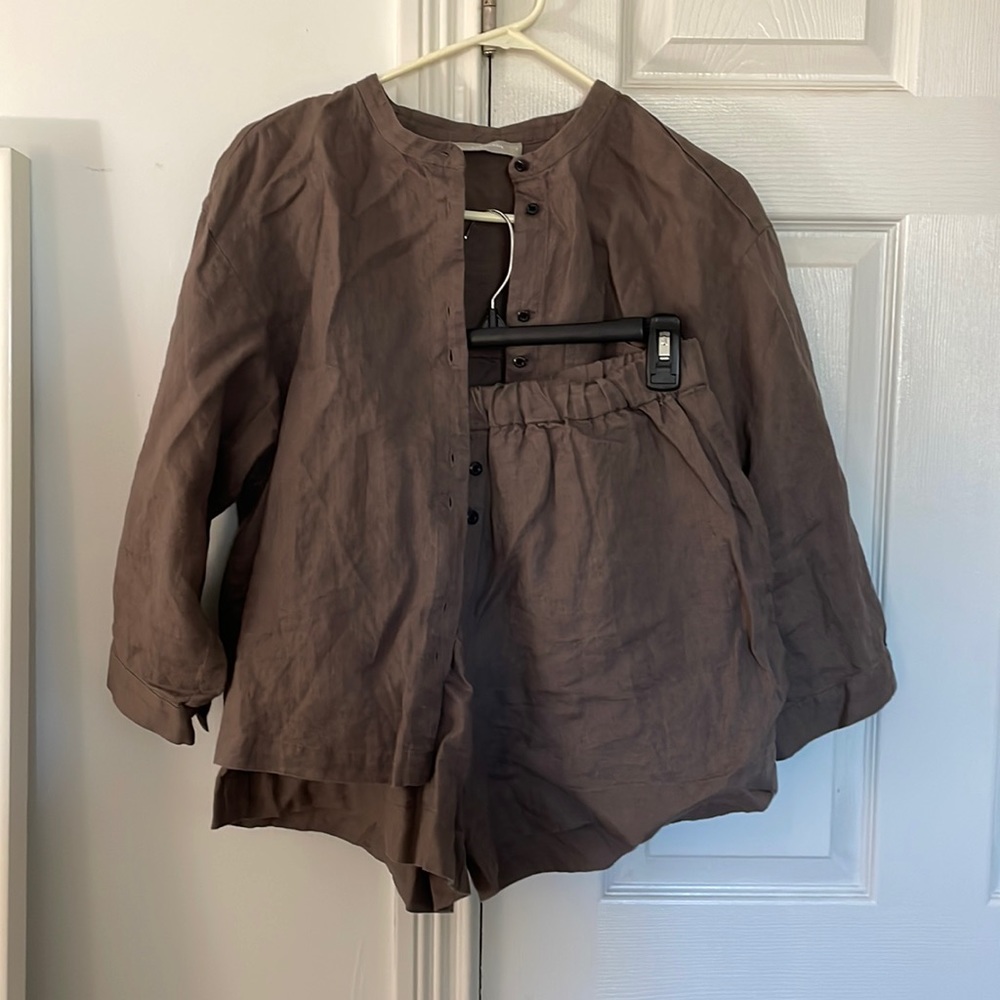 Everlane Brown Linen Button-Front Top & Shorts Set